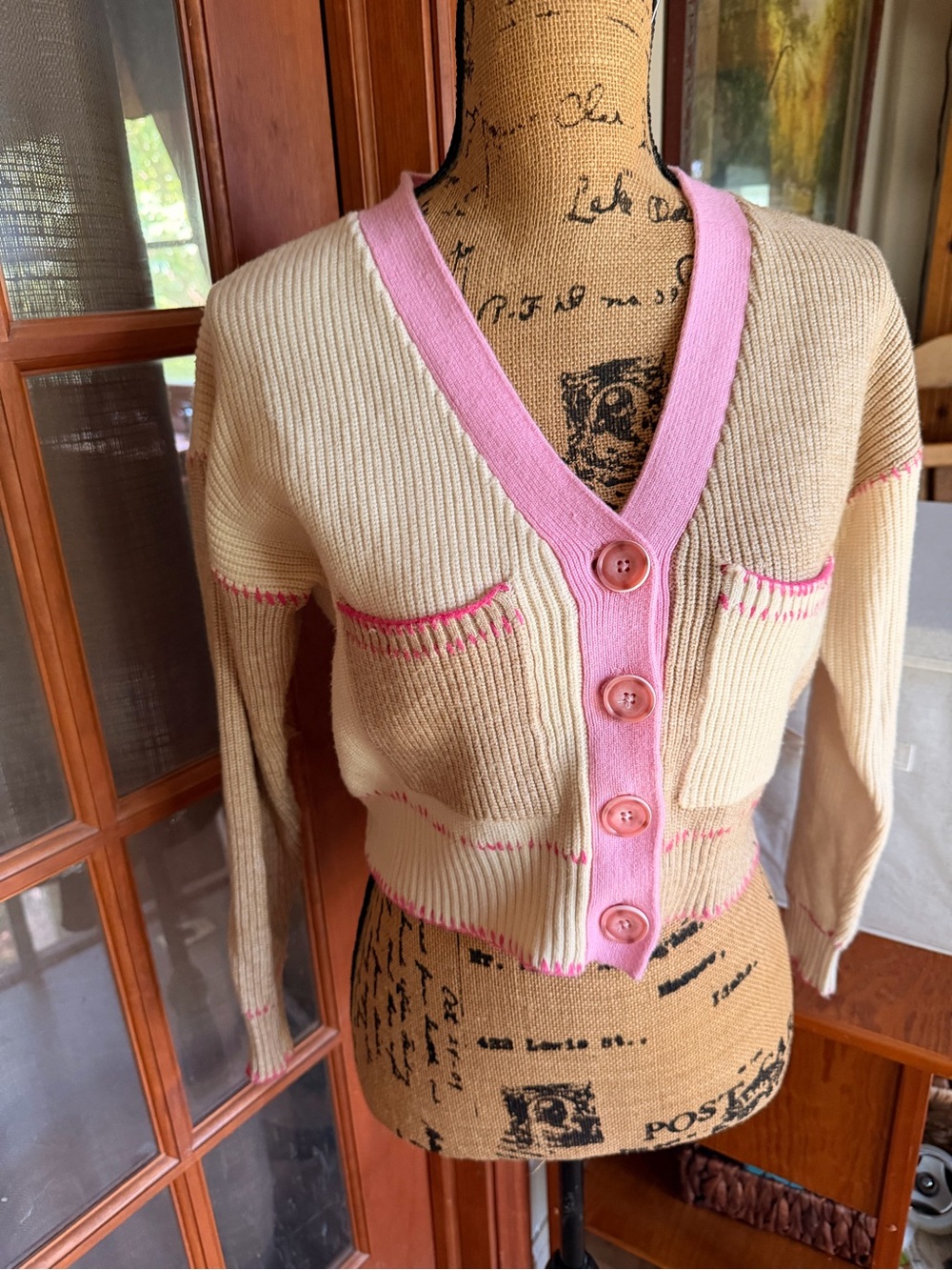 Anthropologie Cream Cardigan with Pink Trim and Buttons